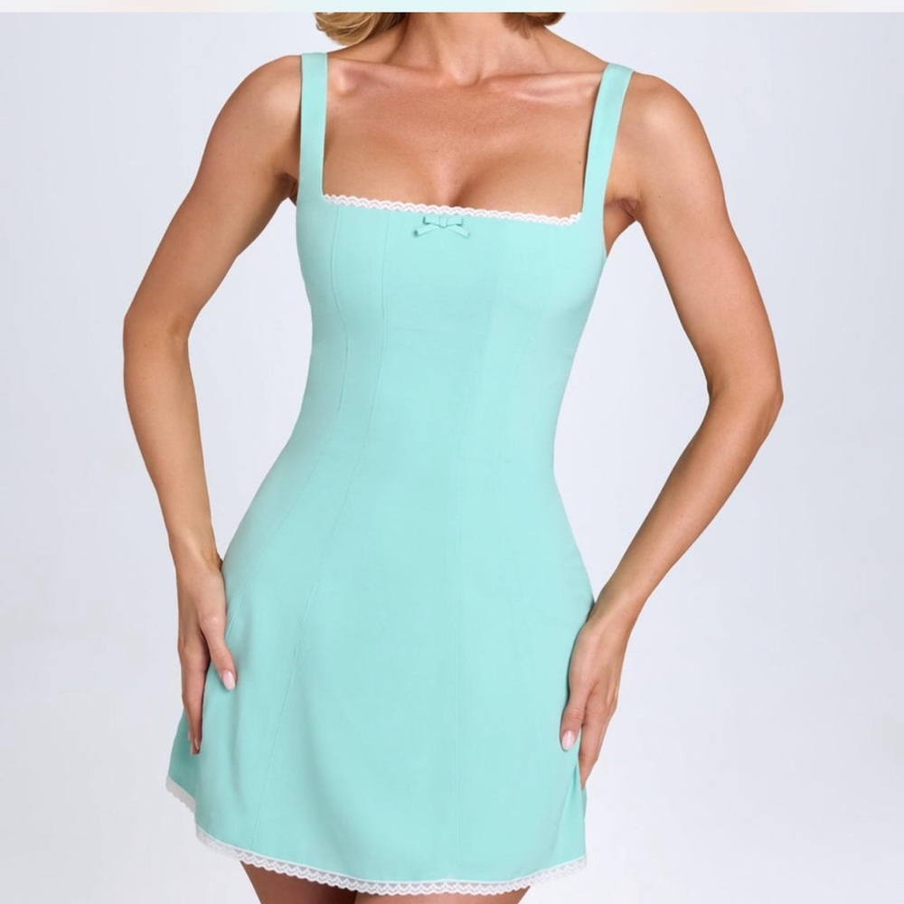 NWT Oh Polly Teal and White Mini Dress with Spaghetti Straps - Picture 2 of 4